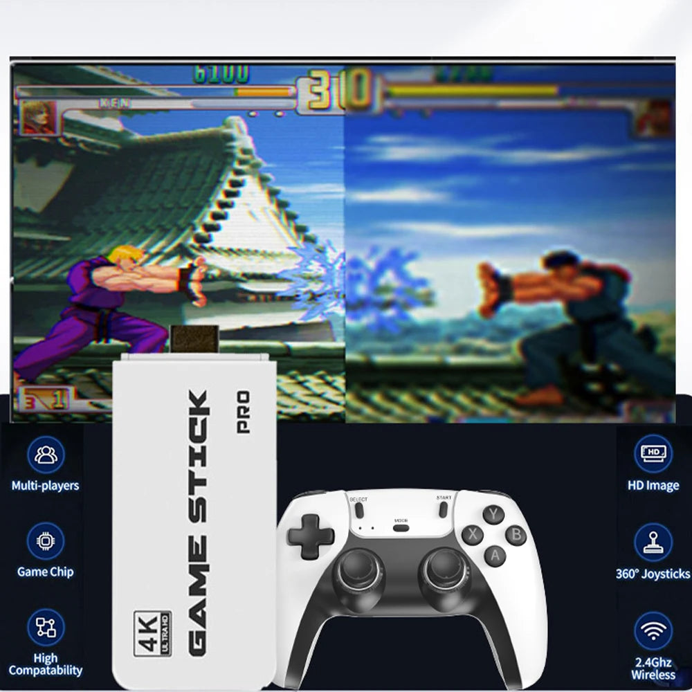 Infinite Retro Game Pack featuring HighPeak 4K GameStick Pro and wireless controller with classic fighting game on screen