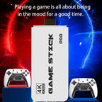HighPeak Retro GameStick in 4K with white casing and black logo displayed between two wireless controllers on red and blue backdrop
