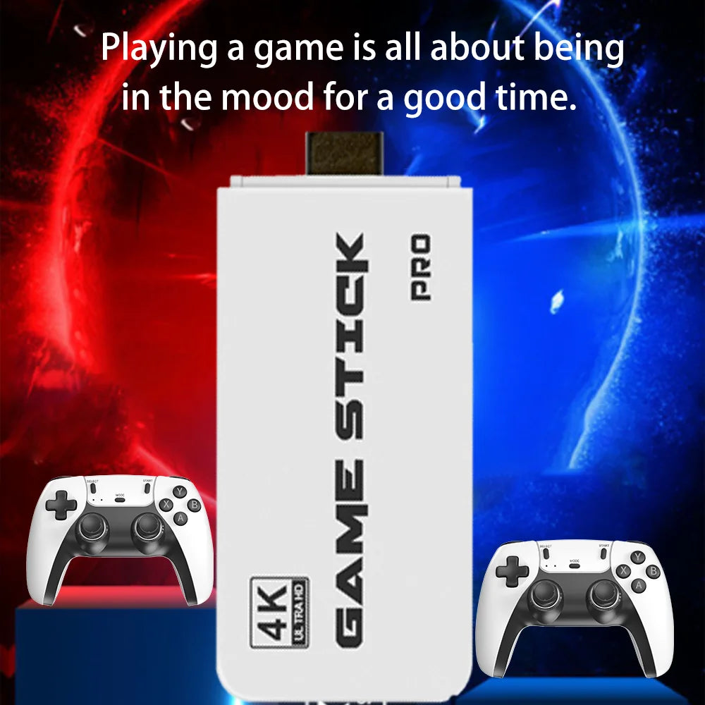HighPeak Retro GameStick in 4K with white casing and black logo displayed between two wireless controllers on red and blue backdrop