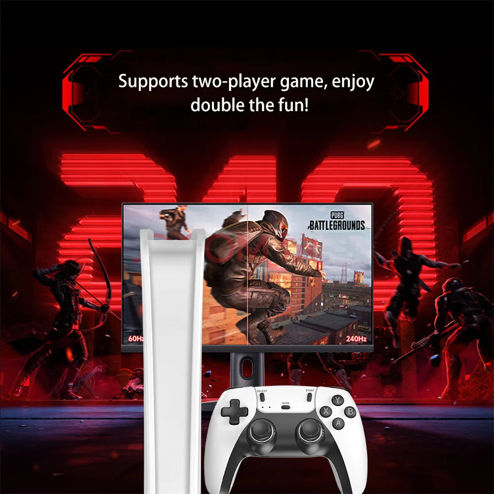 HighPeak Retro GameStick in 4K with wireless controller displayed against red gaming backdrop and TV screen showing gameplay