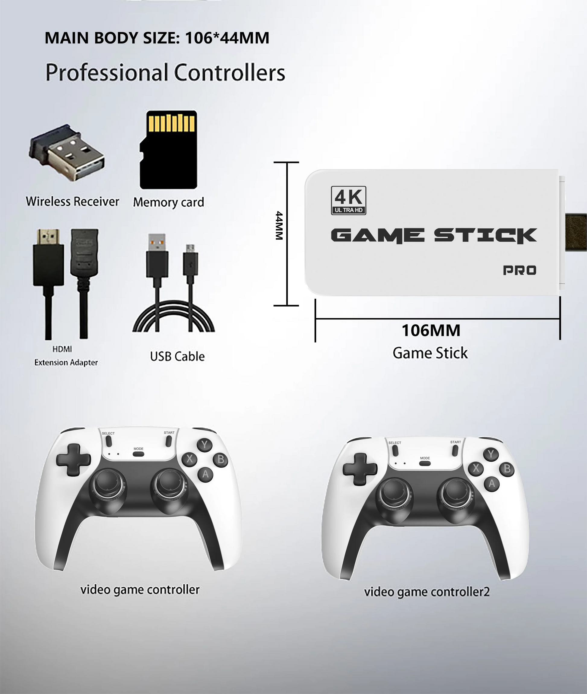 HighPeak Retro GameStick in 4K with wireless controllers, USB cables, HDMI adapter and memory card - complete gaming setup