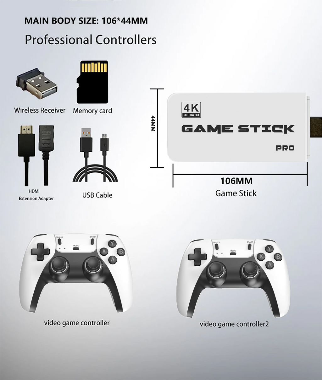 HighPeak Infinite Retro Game Pack showing white Game Stick Pro with 2 matching wireless controllers and accessories laid out.