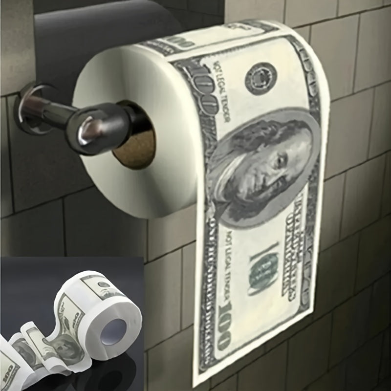 HighPeak RichRoll luxury novelty toilet paper with $100 bill print design mounted on bathroom holder against white tile wall