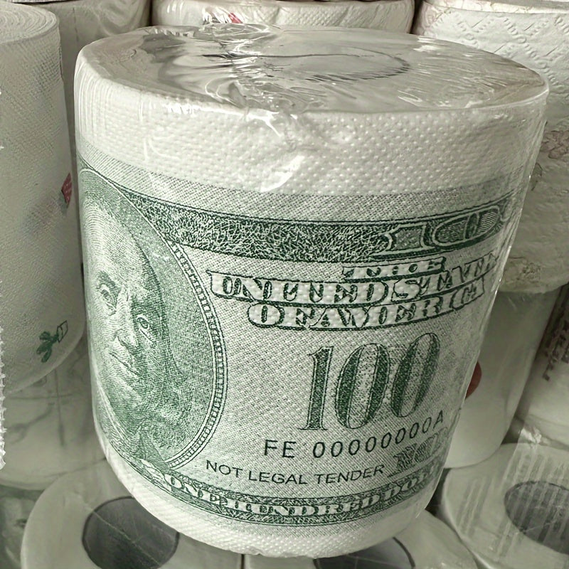 HighPeak RichRoll toilet paper with $100 bill print design wrapped in plastic - novelty bathroom tissue roll