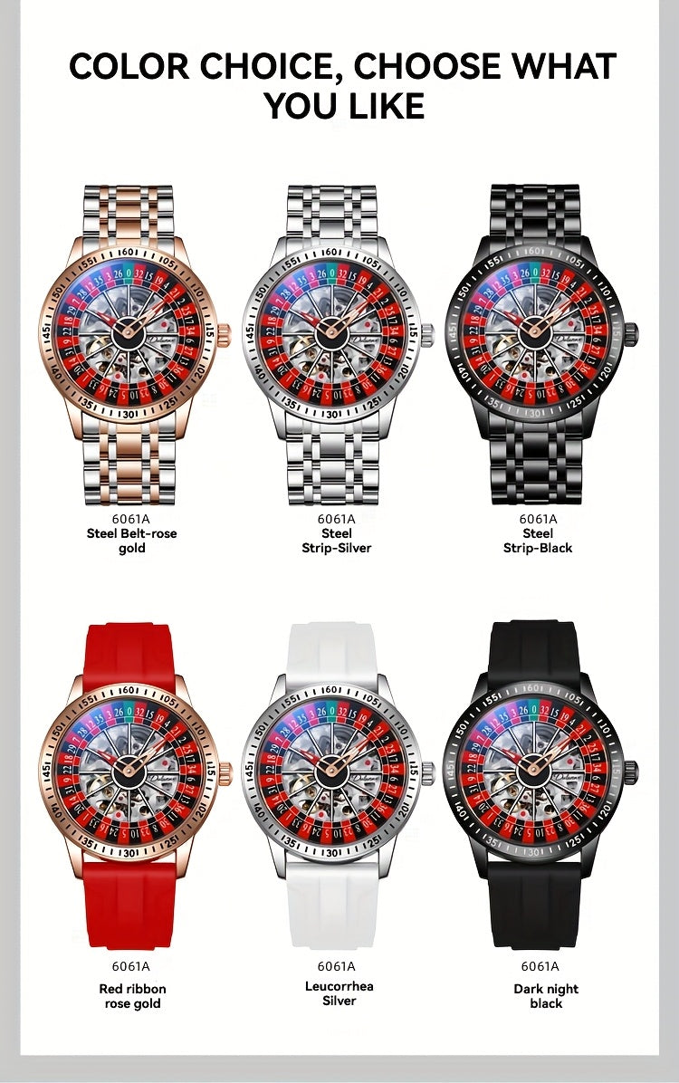 HighPeak RouletteX Watch collection displaying six color variants with roulette-style spinning dials and metal or silicone straps