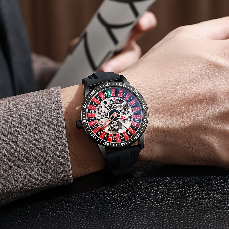 HighPeak RouletteX Watch with black band and spinning roulette-style dial displaying red and black numbers on wrist