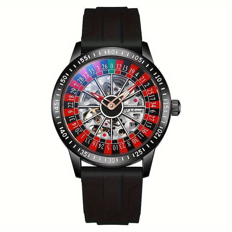 HighPeak RouletteX Watch with black case, spinning roulette-style dial in red and silver, on black silicone strap