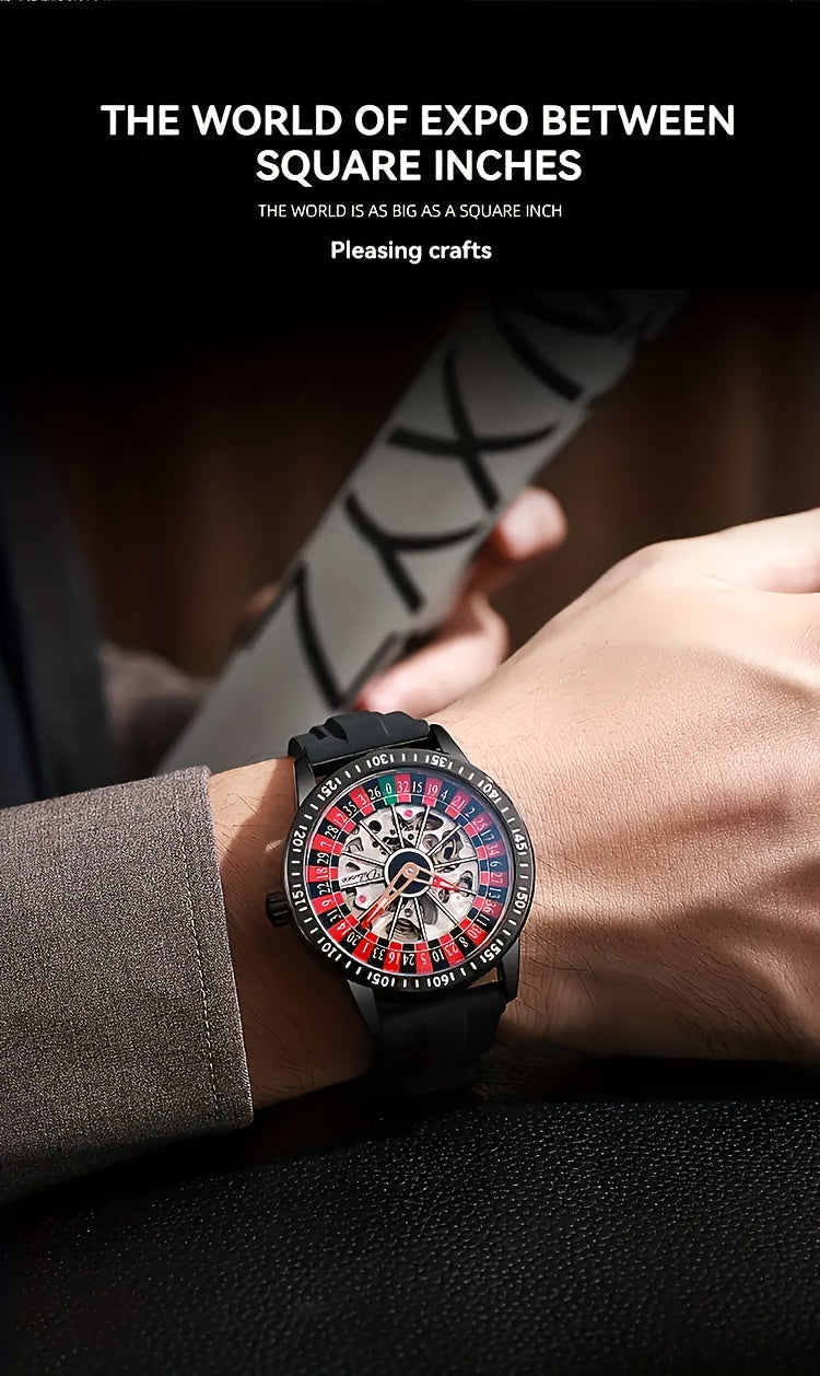 HighPeak RouletteX Watch with black silicone band featuring spinning roulette-style dial in red and white on wrist view
