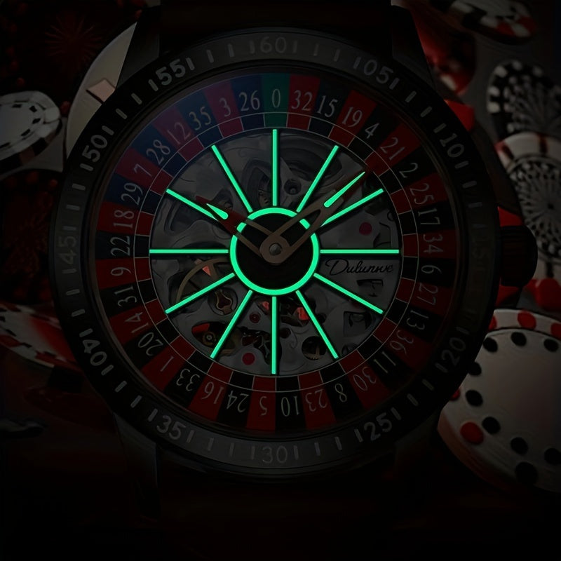 HighPeak RouletteX Watch with glowing green luminous roulette-style dial and numbers, showcased on dark background with casino theme