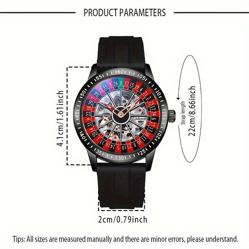 HighPeak RouletteX Watch with spinning red and black roulette dial face, black silicone strap, product dimensions diagram