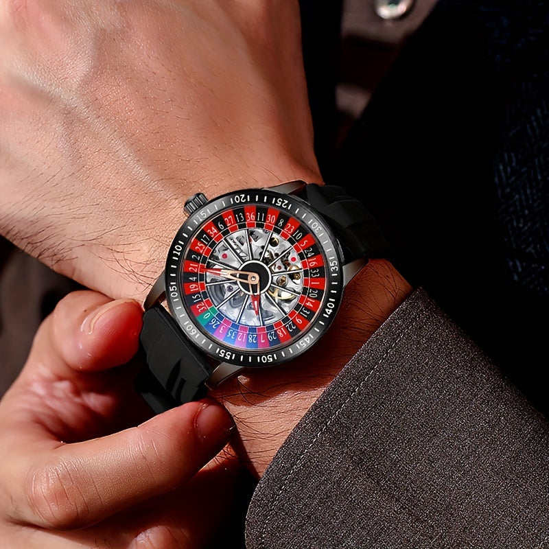 HighPeak RouletteX Watch with spinning roulette dial face, black silicone band and stainless steel case on wrist