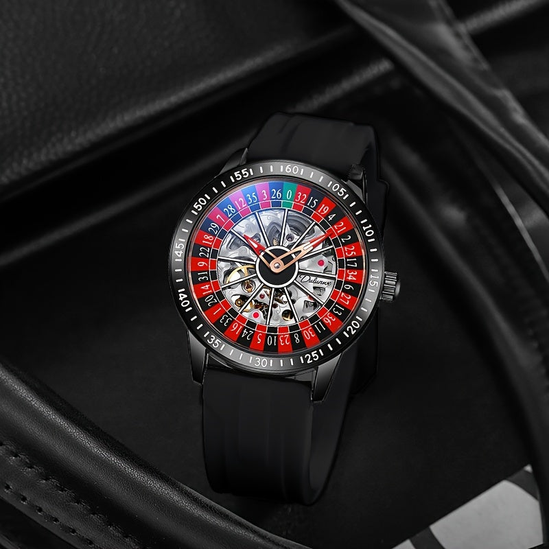 HighPeak RouletteX Watch with spinning roulette dial face, black silicone band on leather surface - luxury timepiece display
