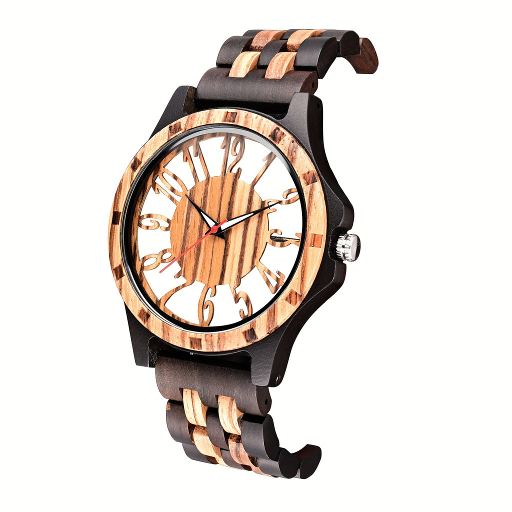 HighPeak RusticEdge wooden watch with two-tone zebra wood band and hollow dial design displaying elegant craftsmanship