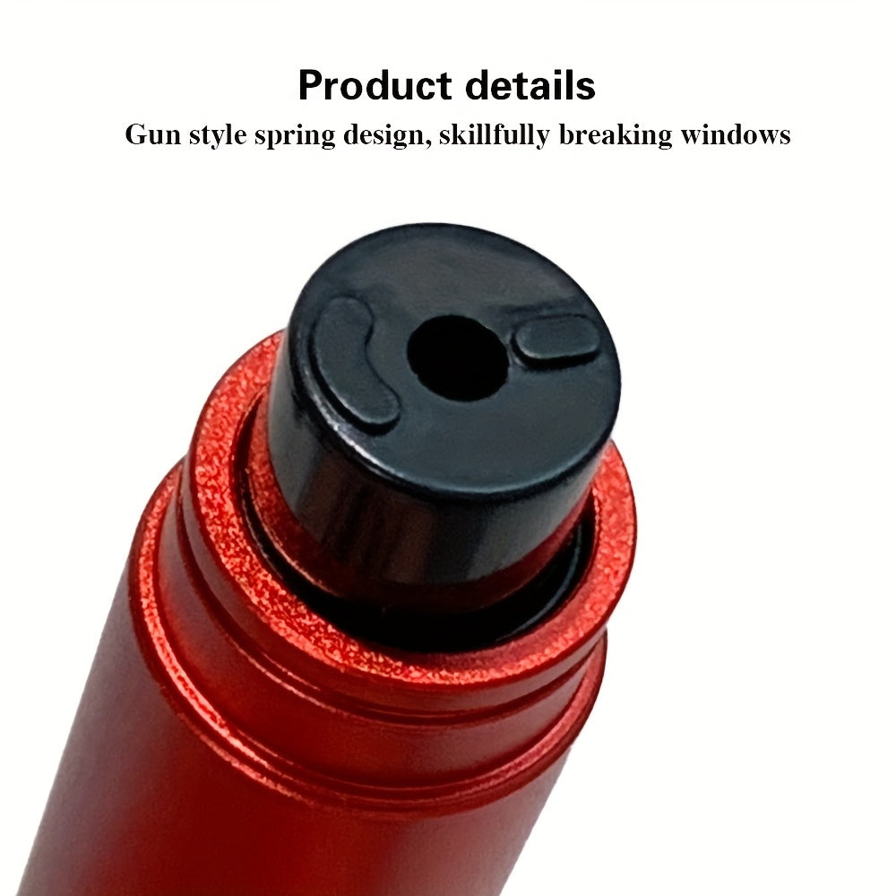 HighPeak SafeStrike emergency car escape tool in red and black with spring-loaded window breaker tip, close-up product detail shot