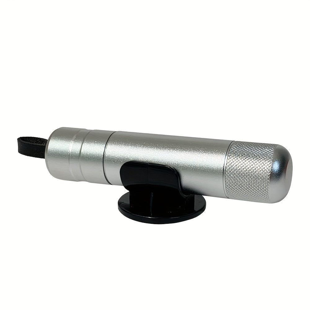 HighPeak SafeStrike emergency car escape tool in silver aluminum with spring-loaded tip and black mounting base