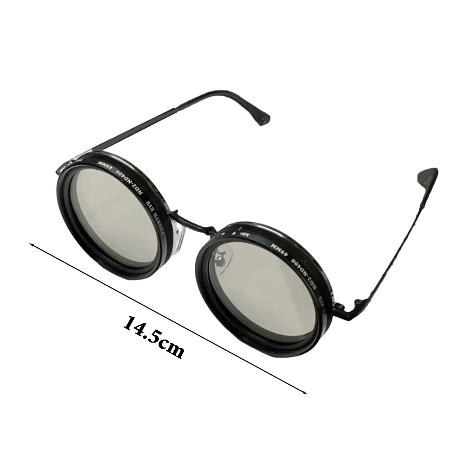 HighPeak ShiftLens™ adjustable sunglasses in black with round frames and 9-layer adaptive lenses showing measurements