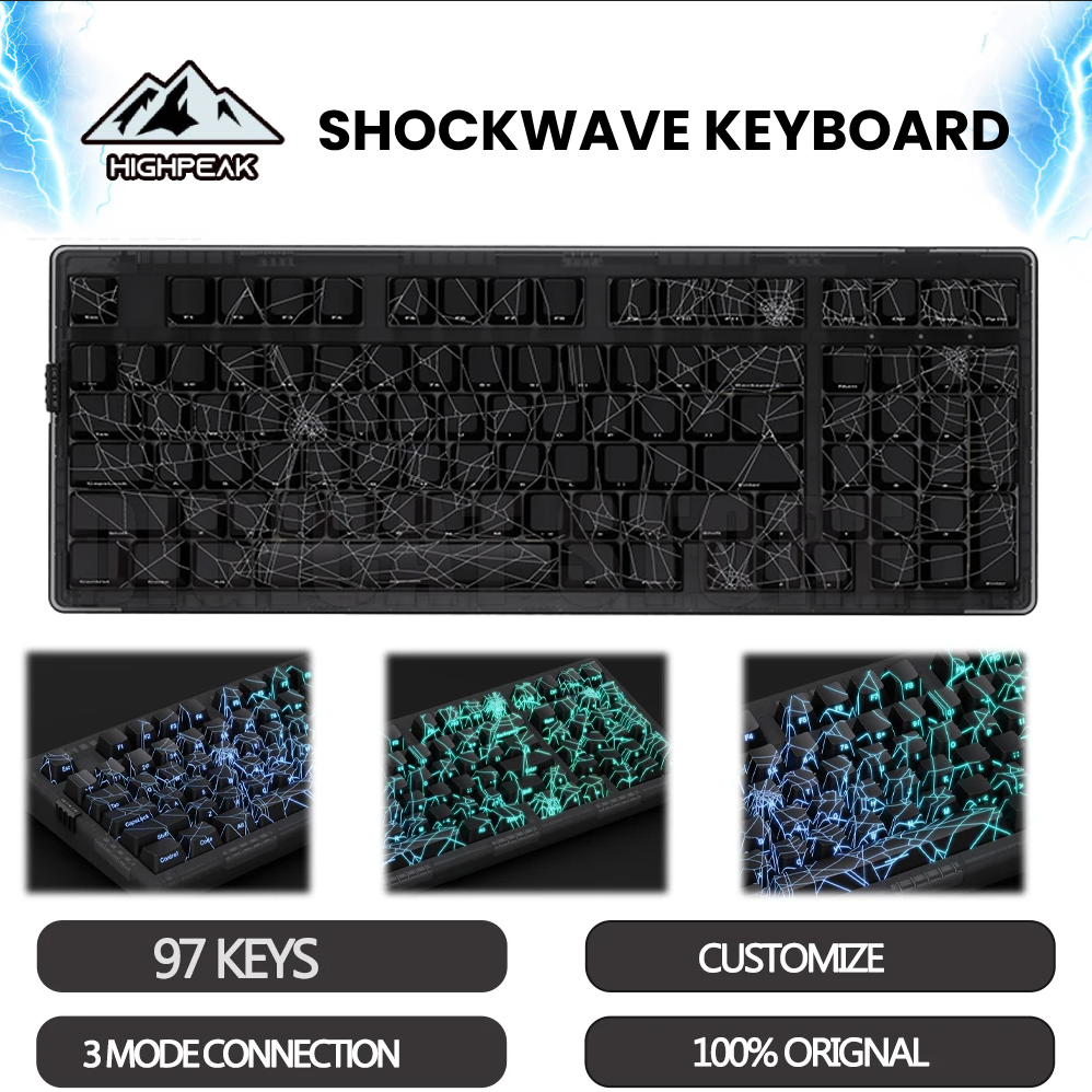 HighPeak Shockwave Keyboard with dynamic RGB lighting effects, black mechanical keys, and customizable wave patterns - gaming setup