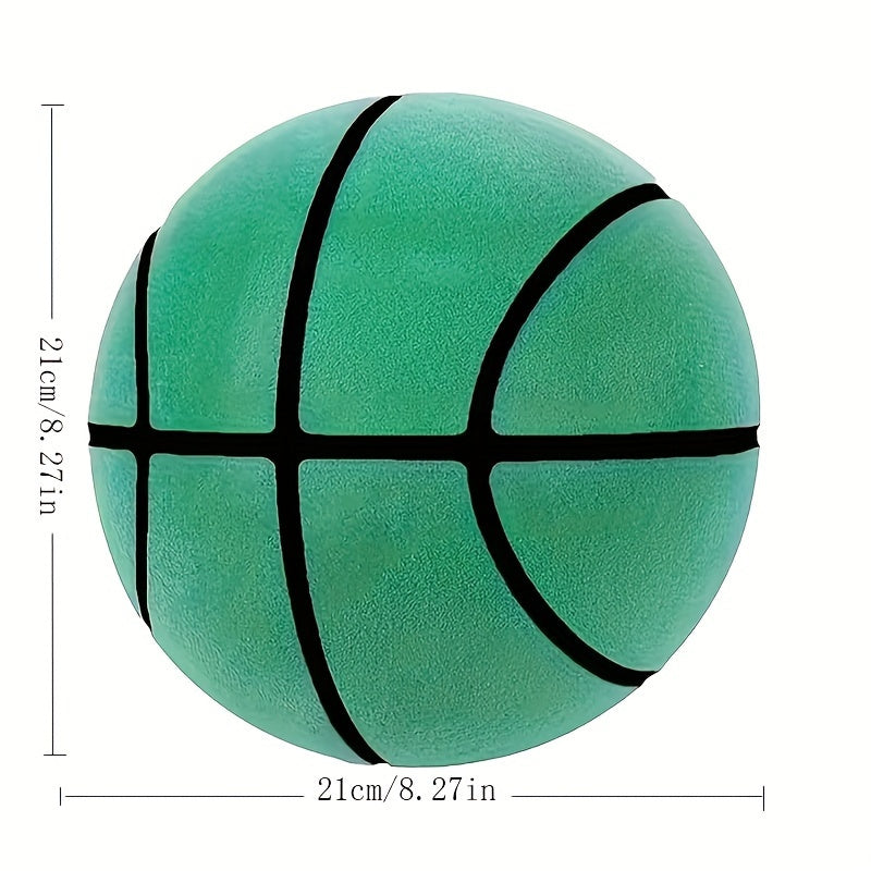 HighPeak Silent Basketball in mint green with classic black seams - noise-reducing indoor sports ball with dimensions shown
