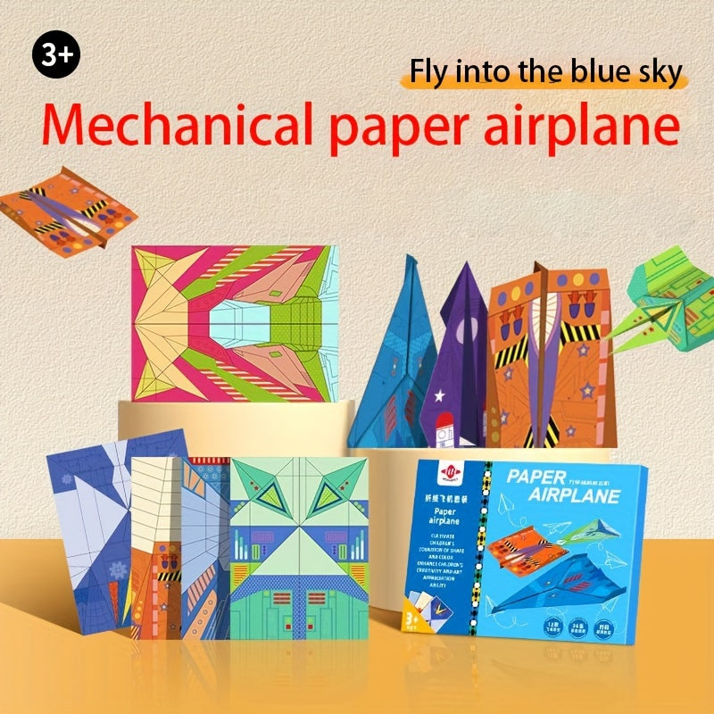 HighPeak SkyGlide colorful paper airplane kit with instruction book and pre-folded designs displayed on wooden surface