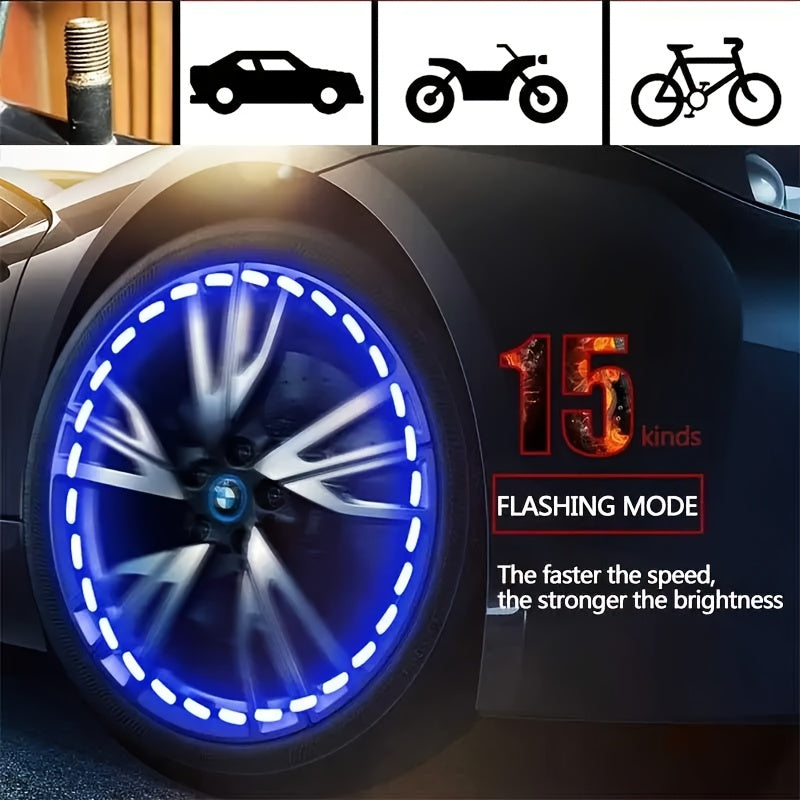 HighPeak SolarFlare LED wheel light displaying bright blue motion-activated glow on car tire with 15 flashing modes visible