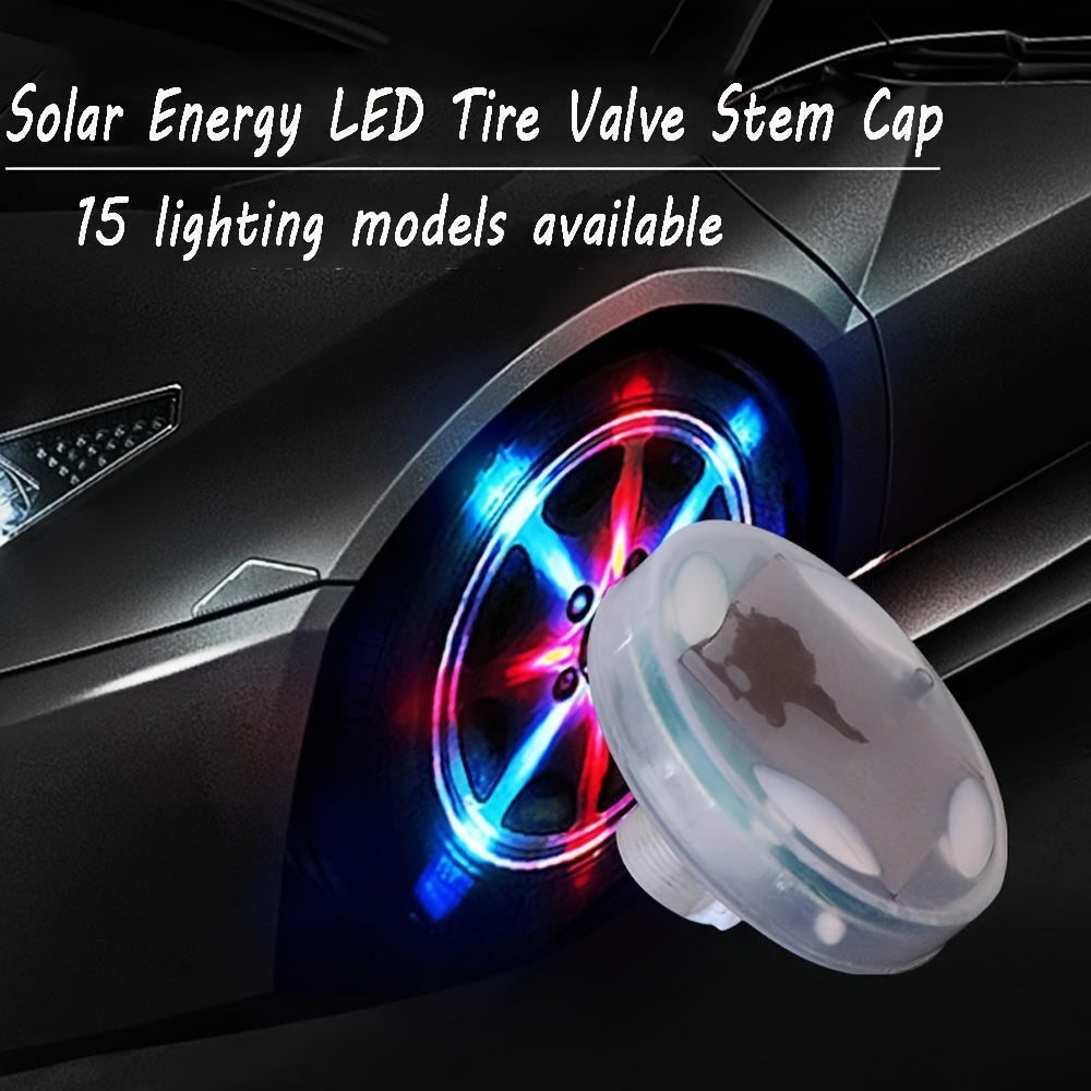 HighPeak SolarFlare LED wheel light displaying vibrant red and blue glow on car tire with white solar-powered valve cap unit