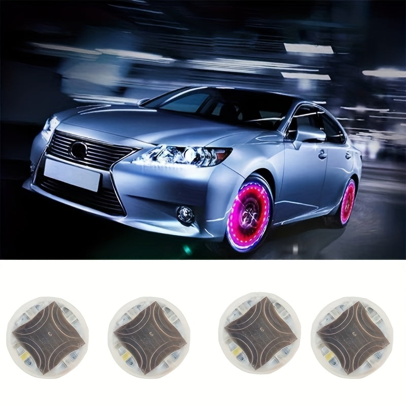 HighPeak SolarFlare LED wheel lights displayed on luxury sedan with vibrant pink illumination in motion-blur urban setting