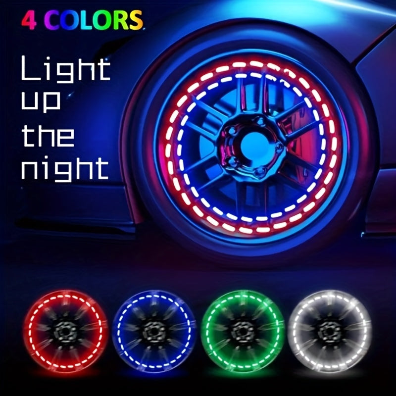 HighPeak SolarFlare LED wheel lights displaying multicolor illumination rings on car tire - motion activated glow effect