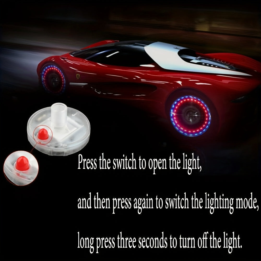 HighPeak SolarFlare LED wheel lights illuminating red sports car with vibrant blue-red circular patterns on wheels at night