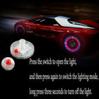 HighPeak SolarFlare LED wheel lights illuminating red sports car with vibrant blue-red circular patterns on wheels at night