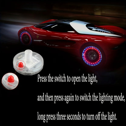 HighPeak SolarFlare LED wheel lights illuminating red sports car with vibrant blue-red circular patterns on wheels at night