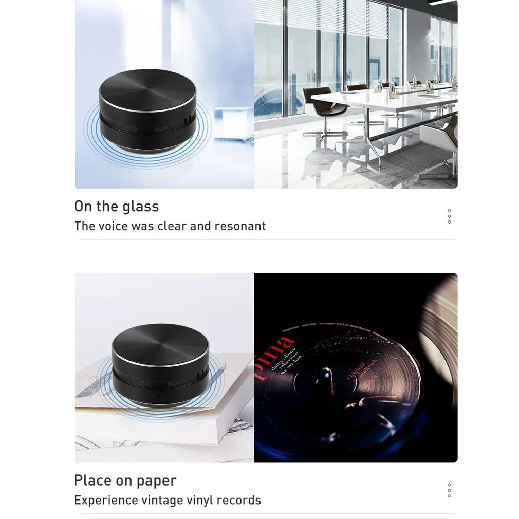 HighPeak SonicPulse bone conduction speaker shown in black aluminum finish on glass surface and paper demonstrating vibration audio