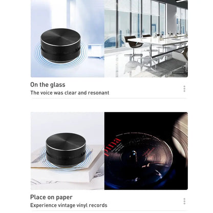 HighPeak SonicPulse bone conduction speaker shown in black aluminum finish on glass surface and paper demonstrating vibration audio