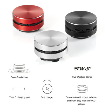 HighPeak SonicPulse bone conduction speakers in red, silver, and black with metallic finish - compact portable design