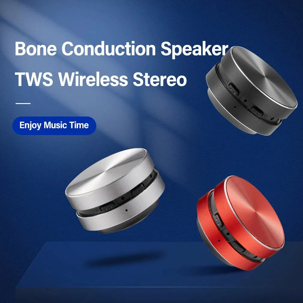 HighPeak SonicPulse bone conduction speakers in silver, red, and black floating on blue background with wireless stereo technology