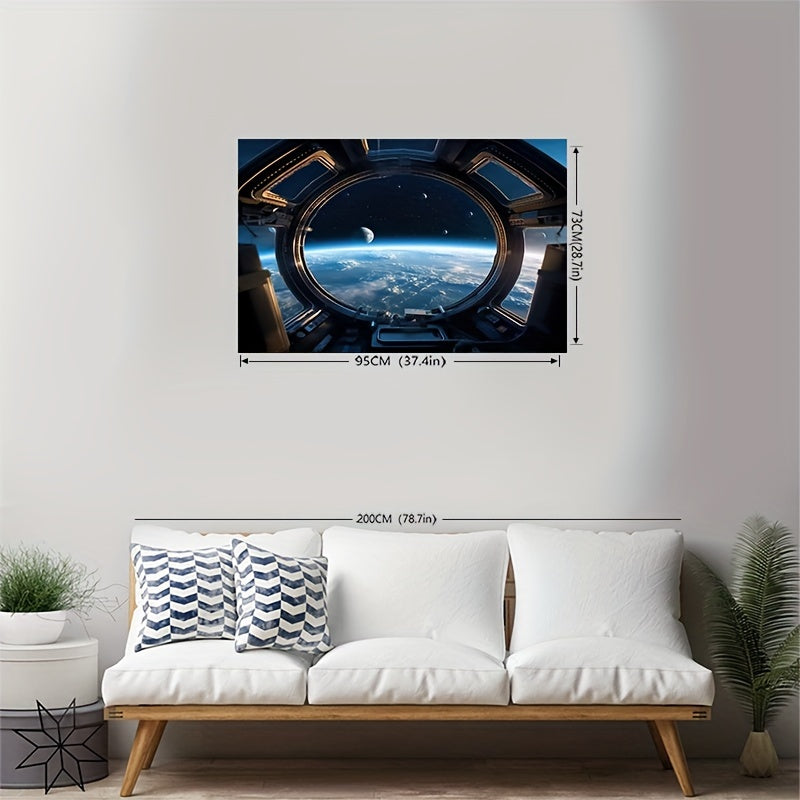 Outer Space Deal - Spacecraft window view of Earth with stars and moon against deep blue space backdrop