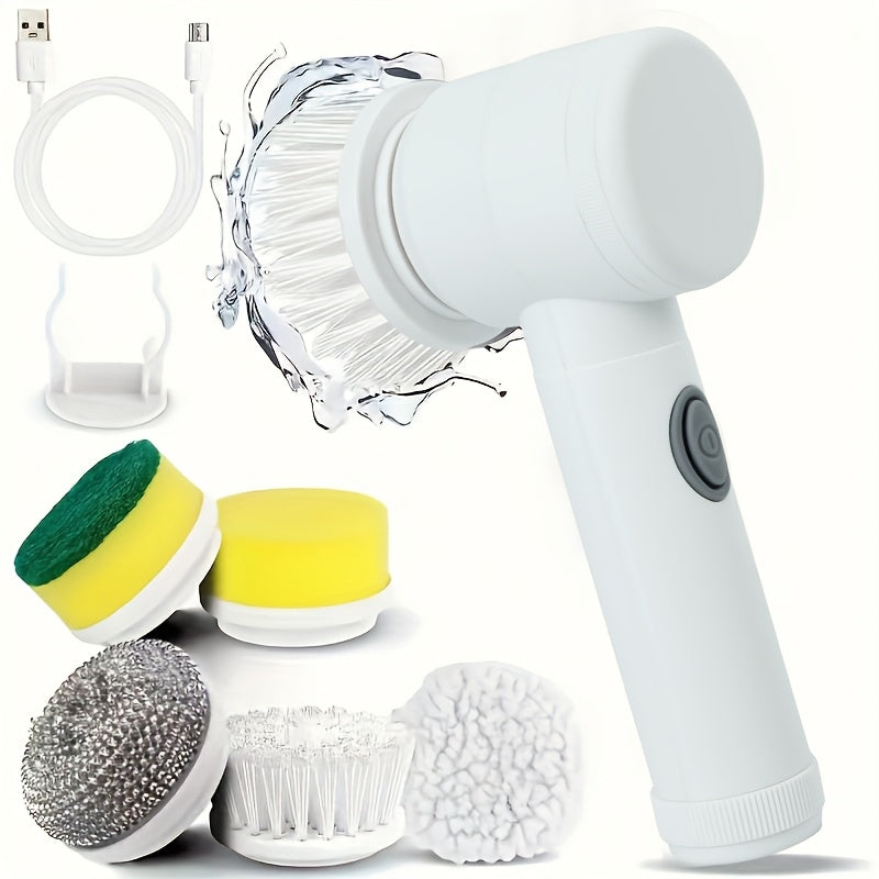 HighPeak SpinScrub electric cleaning brush in white with 5 attachments - sponge, steel wool, and brush heads with USB charger