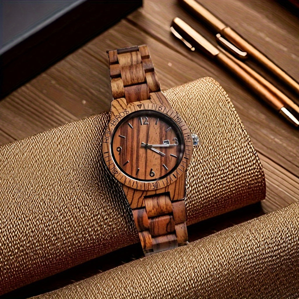 HighPeak TimberTime handcrafted zebra wood watch with calendar display on textured gold fabric - natural luxury timepiece