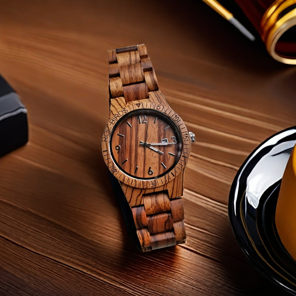 HighPeak TimberTime handcrafted zebra wood watch with calendar display on wooden surface - natural luxury timepiece