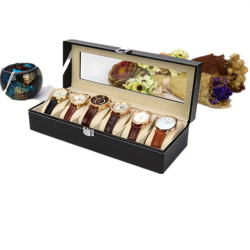 HighPeak Timeless Vault luxury watch box displaying 6 elegant timepieces with brown leather straps in black case with glass lid