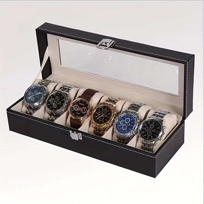 HighPeak Timeless Vault luxury watch box displaying 6 premium watches with metal bands in black leather case with glass lid
