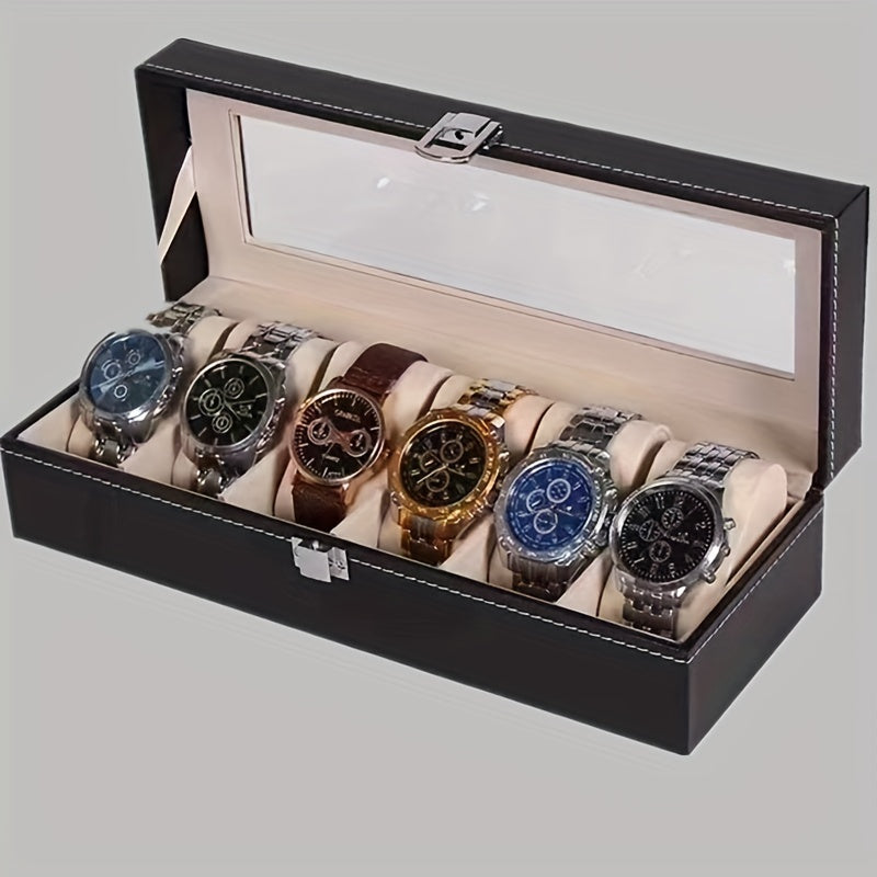 HighPeak Timeless Vault luxury watch box displaying 6 premium watches with metallic and leather bands in black leather case