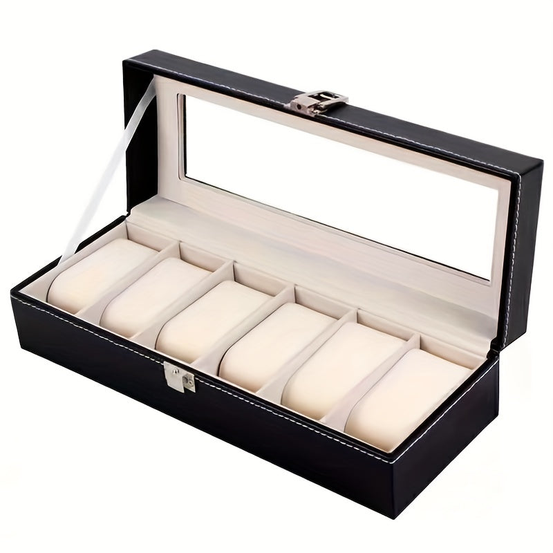 HighPeak Timeless Vault luxury watch box in black leather with 6 beige cushioned slots and glass display lid
