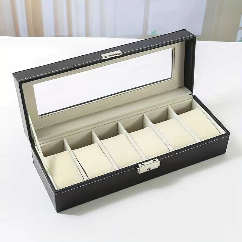 HighPeak Timeless Vault luxury watch box in black leather with 6 slots, glass display lid and cream interior - elegant storage case