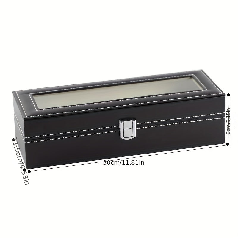HighPeak Timeless Vault luxury watch box in black leather with glass display, 6 slots and metal clasp - elegant storage case