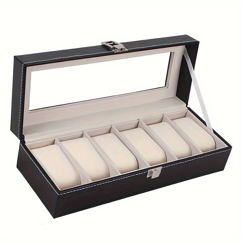 HighPeak Timeless Vault luxury watch box with 6 slots, black leather exterior, glass display lid, and cream interior padding
