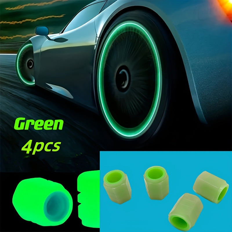 HighPeak TireValve™ glow-in-dark green valve caps shown on sports car wheel and product close-up with neon glow effect