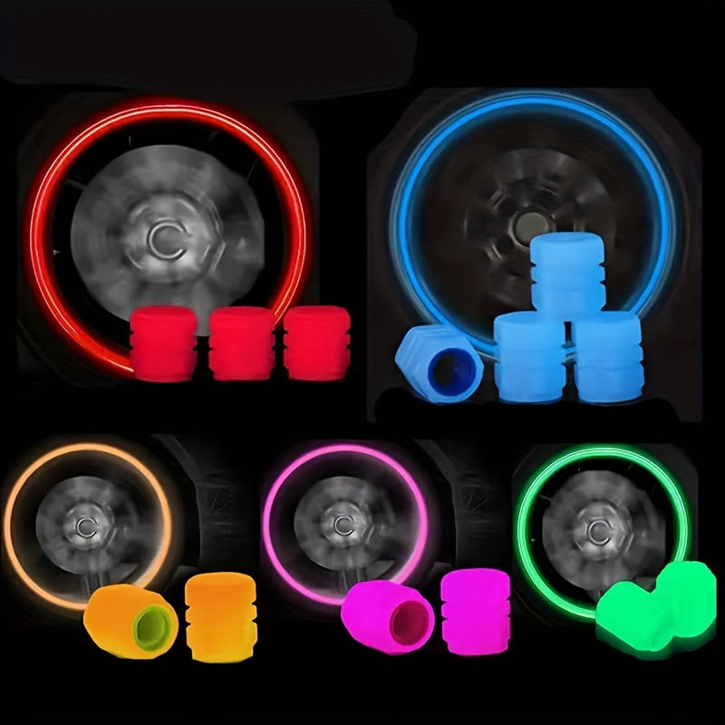 HighPeak TireValve glow-in-dark valve caps in red, blue, pink, green, and orange displayed on car wheels with neon light effects
