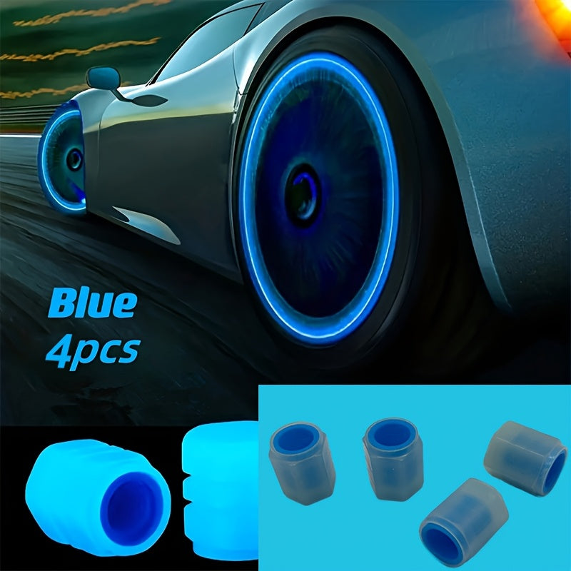 HighPeak TireValve glowing blue valve caps shown on sports car wheel and as product set - automotive night lighting accessory