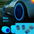 HighPeak TireValve glowing blue valve caps shown on sports car wheel and as product set - automotive night lighting accessory