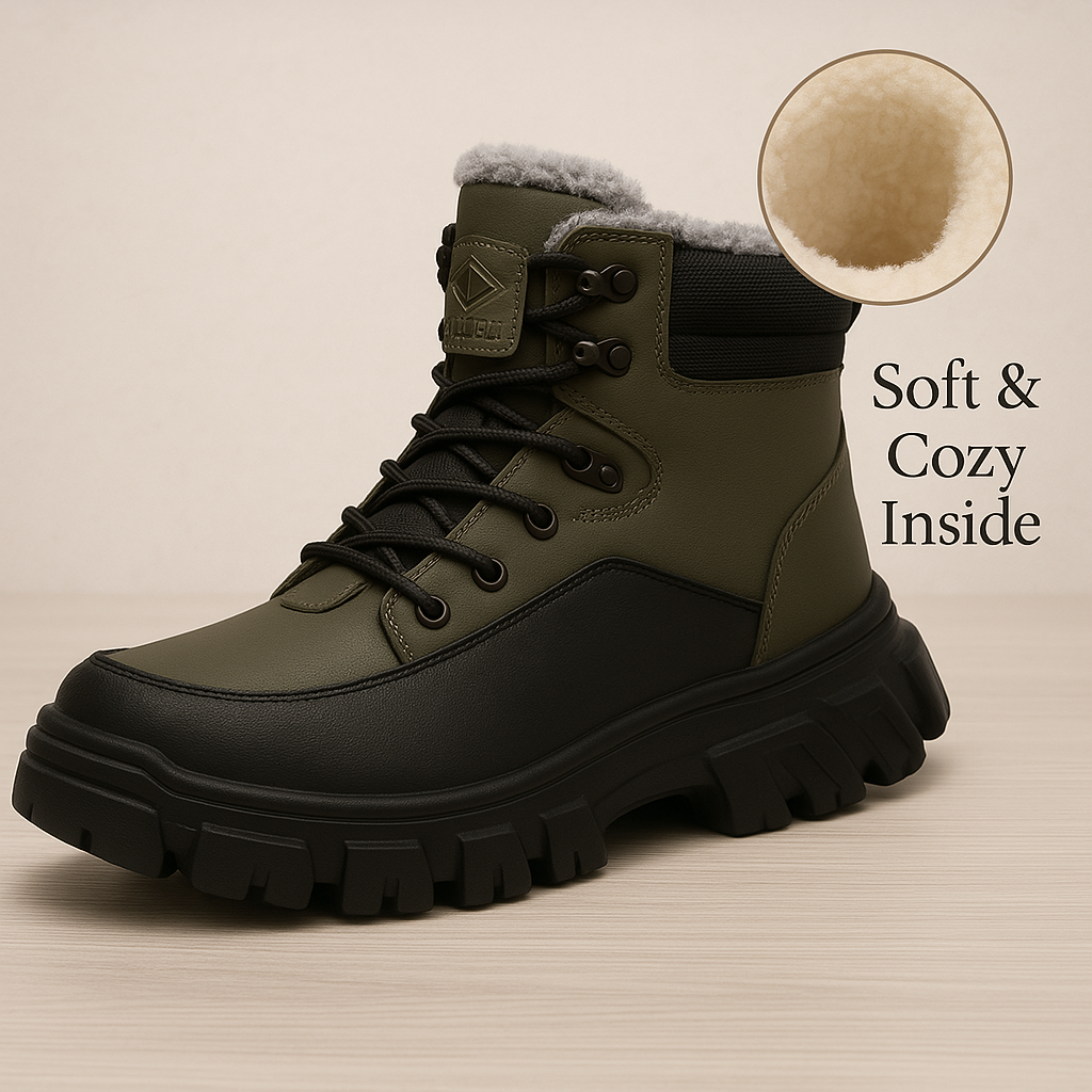 HighPeak TitanGuard olive green safety boots with plush interior lining and rugged black sole - winter work boot design